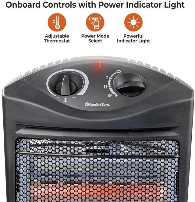 Alt view image 2 of 7 - Comfort Zone Space Heaters for Indoor Use, Portable Electric Heater, Adjustable Thermostat, Infrared Heat, Quartz Tower Space Heater with 2 Heat Settings, Bedroom Heater, Black