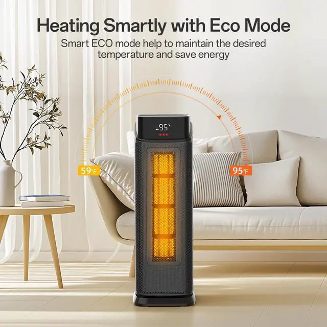 Alt view image 5 of 7 - Space Heater Indoor, 1500W PTC Portable Electric Heaters for Home with Thermostat & 90° Oscillating, 24H Timer, Quiet Safety Ceramic Tower Heater with Remote for Bedroom Office