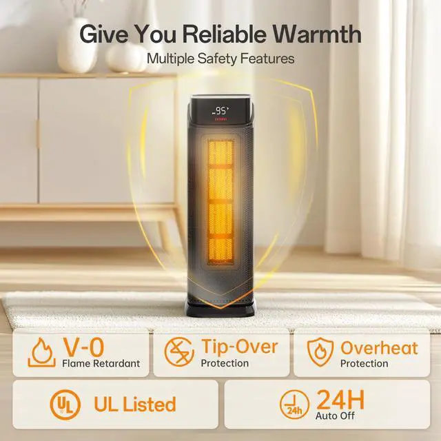Alt view image 7 of 7 - Space Heater Indoor, 1500W PTC Portable Electric Heaters for Home with Thermostat & 90° Oscillating, 24H Timer, Quiet Safety Ceramic Tower Heater with Remote for Bedroom Office