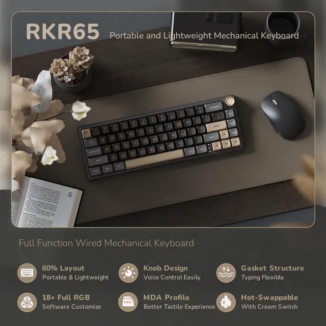 Alt view image 2 of 7 - R65 Wired Gaming Keyboard with Volume Knob, 60% Percent RGB Backlit Mechanical Keyboard Gasket Mount with PBT Keycaps, MDA Profile, QMK/VIA, 66 Keys Hot Swappable Cream Switch, Black