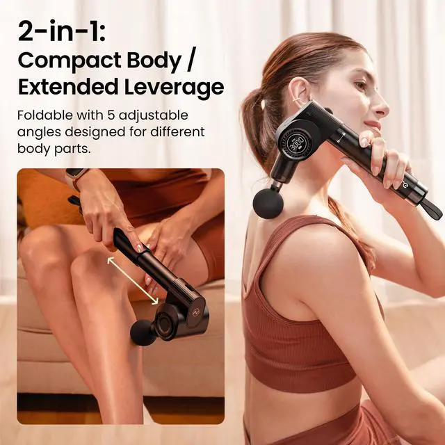 Alt view image 2 of 7 - Foldable Massage Gun Deep Tissue with 5 Adjustable Angles,Portable Handheld Percussion Back Massager for Muscle/Neck/Body Pain Relief with Long Extension Metal Handle,32-Speeds,with Carry Case