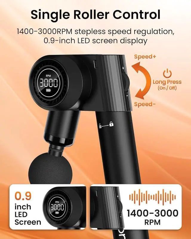 Alt view image 6 of 7 - Foldable Massage Gun Deep Tissue with 5 Adjustable Angles,Portable Handheld Percussion Back Massager for Muscle/Neck/Body Pain Relief with Long Extension Metal Handle,32-Speeds,with Carry Case