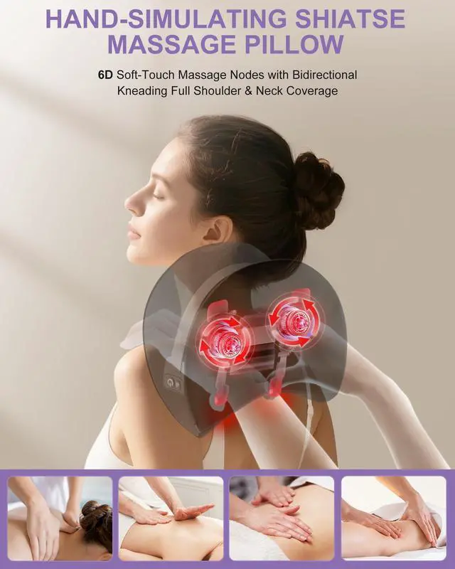 Alt view image 3 of 7 - Shiatsu Neck Massager with Heat, Electric Deep Tissue Kneading Massage Pillow with 10-Minute Timer for Full Body Muscle Pain Relief, Cordless Portable Cervical Traction Device (Black)