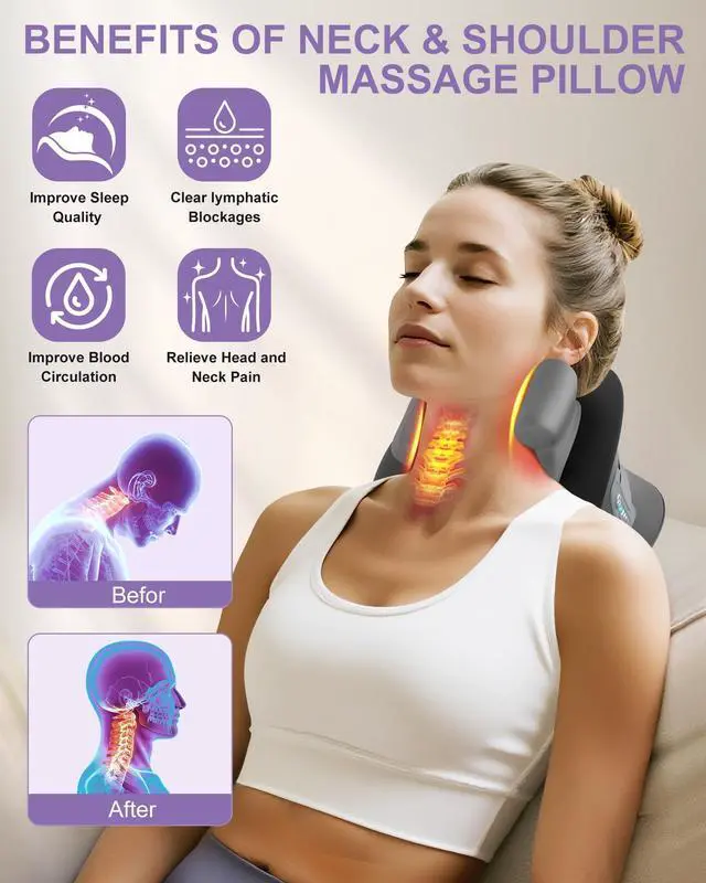 Alt view image 2 of 7 - Shiatsu Neck Massager with Heat, Electric Deep Tissue Kneading Massage Pillow with 10-Minute Timer for Full Body Muscle Pain Relief, Cordless Portable Cervical Traction Device (Black)