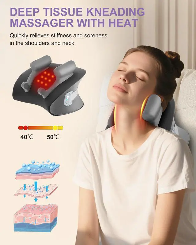 Alt view image 4 of 7 - Shiatsu Neck Massager with Heat, Electric Deep Tissue Kneading Massage Pillow with 10-Minute Timer for Full Body Muscle Pain Relief, Cordless Portable Cervical Traction Device (Black)