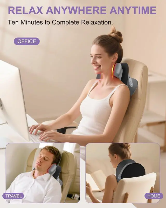 Alt view image 7 of 7 - Shiatsu Neck Massager with Heat, Electric Deep Tissue Kneading Massage Pillow with 10-Minute Timer for Full Body Muscle Pain Relief, Cordless Portable Cervical Traction Device (Black)