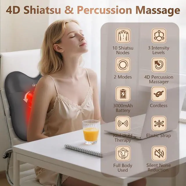 Alt view image 2 of 7 - Shiatsu Back Massager with Heat,Percussion Massage Cordless Back Massage for Pain Relief Deep Tissue.4D Kneading Massage,Gift for Men Women Parents Relaxation at Christmas Office Car,Black