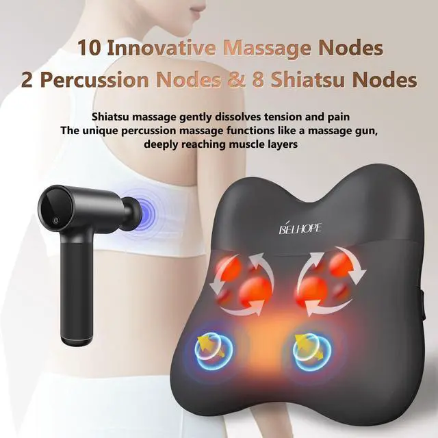 Alt view image 3 of 7 - Shiatsu Back Massager with Heat,Percussion Massage Cordless Back Massage for Pain Relief Deep Tissue.4D Kneading Massage,Gift for Men Women Parents Relaxation at Christmas Office Car,Black