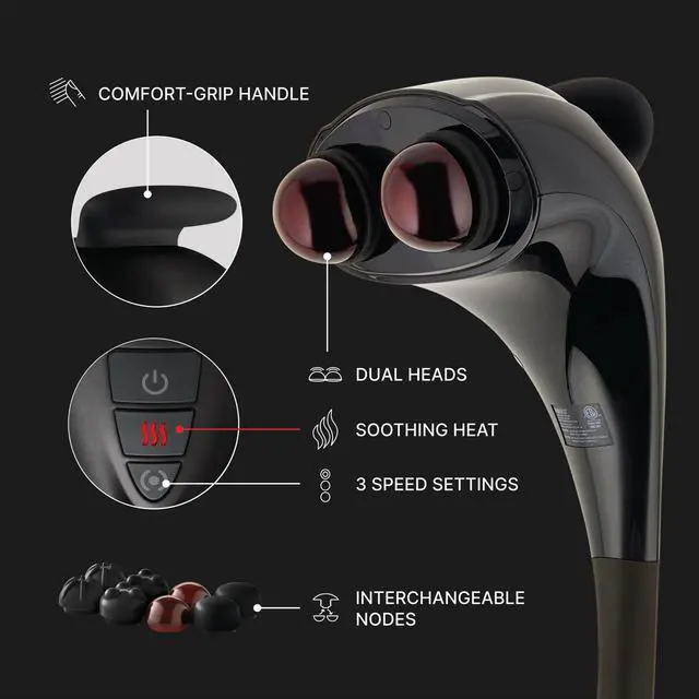 Alt view image 2 of 7 - Handheld Back Massager, Dual Heated Nodes, Neck, and Body Percussion Massager with Interchangeable Nodes to Release Back, Neck, Shoulder Leg and Foot Tension