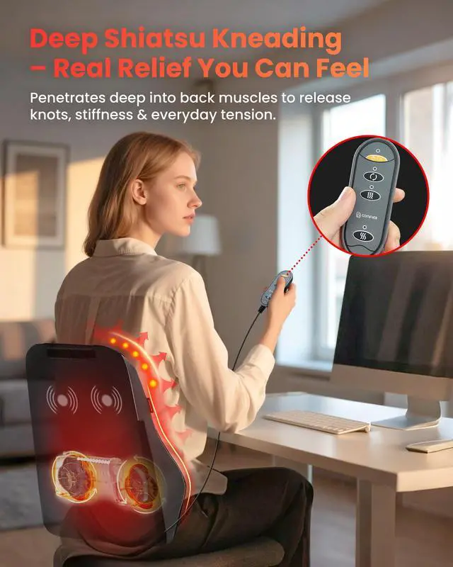 Alt view image 3 of 7 - Back Massager with Heat, Deep Tissue Shiatsu Neck and Back Massager for Pain Relief, Chair Use Massager Pillow with Adjustable Flap, Ideal Gift for Women Men