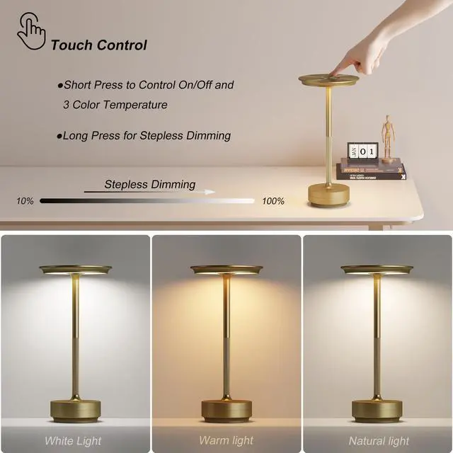 Alt view image 2 of 7 - 2 Pack Rechargeable Cordless Table Lamps, Portable 5000mAh Battery Table Light, 3 Color Stepless Dimming LED Table Light with Memory Function, for Outdoor/Dinner/Patio/Restaurant.(Gold)