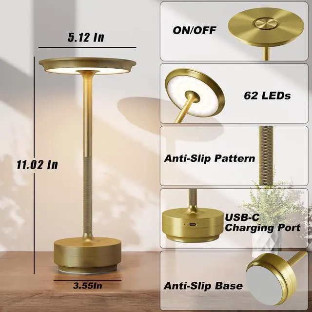 Alt view image 7 of 7 - 2 Pack Rechargeable Cordless Table Lamps, Portable 5000mAh Battery Table Light, 3 Color Stepless Dimming LED Table Light with Memory Function, for Outdoor/Dinner/Patio/Restaurant.(Gold)
