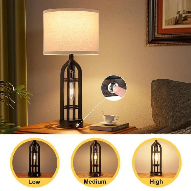 Alt view image 2 of 7 - Table Lamps for Living Room Set of 2 - Black Bedside Lamp for Bedroom with USB C+A & Outlet, Farmhouse Lamps for Night Stands, 3-Way Dimmable Touch Lamps for Living Room with Oat Shade