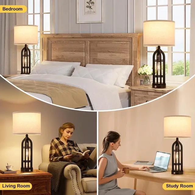 Alt view image 3 of 7 - Table Lamps for Living Room Set of 2 - Black Bedside Lamp for Bedroom with USB C+A & Outlet, Farmhouse Lamps for Night Stands, 3-Way Dimmable Touch Lamps for Living Room with Oat Shade