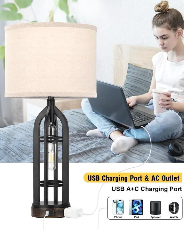 Alt view image 4 of 7 - Table Lamps for Living Room Set of 2 - Black Bedside Lamp for Bedroom with USB C+A & Outlet, Farmhouse Lamps for Night Stands, 3-Way Dimmable Touch Lamps for Living Room with Oat Shade