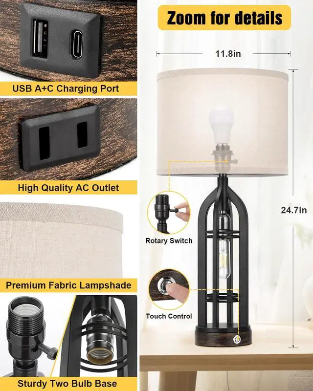 Alt view image 5 of 7 - Table Lamps for Living Room Set of 2 - Black Bedside Lamp for Bedroom with USB C+A & Outlet, Farmhouse Lamps for Night Stands, 3-Way Dimmable Touch Lamps for Living Room with Oat Shade