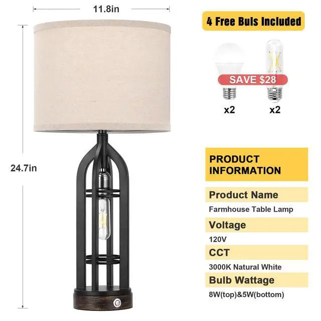 Alt view image 6 of 7 - Table Lamps for Living Room Set of 2 - Black Bedside Lamp for Bedroom with USB C+A & Outlet, Farmhouse Lamps for Night Stands, 3-Way Dimmable Touch Lamps for Living Room with Oat Shade