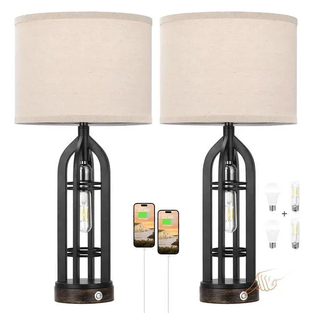 Alt view image 7 of 7 - Table Lamps for Living Room Set of 2 - Black Bedside Lamp for Bedroom with USB C+A & Outlet, Farmhouse Lamps for Night Stands, 3-Way Dimmable Touch Lamps for Living Room with Oat Shade