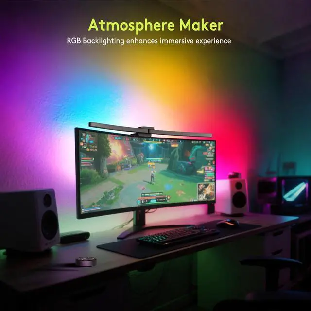 Alt view image 2 of 7 - Curved Monitor Light Bar 15 RGB Backlight for 34"+ Screens, Computer Bar Lights Fold Dual Light with Color Temperature Brightness Stepless Dimming, No Glare Desk Lamp for Home Office Gaming