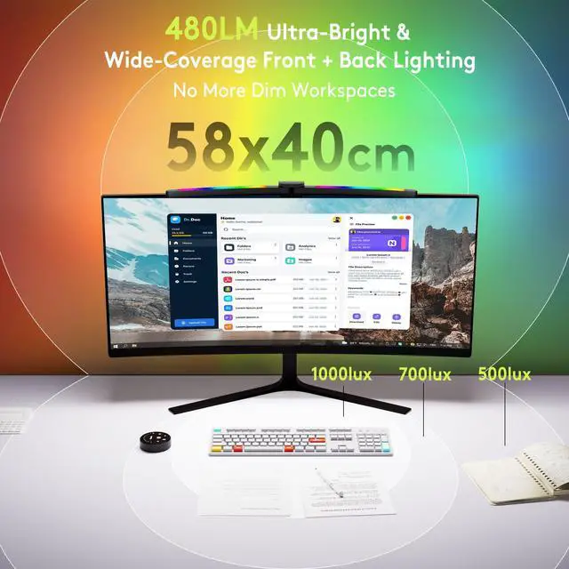 Alt view image 3 of 7 - Curved Monitor Light Bar 15 RGB Backlight for 34"+ Screens, Computer Bar Lights Fold Dual Light with Color Temperature Brightness Stepless Dimming, No Glare Desk Lamp for Home Office Gaming