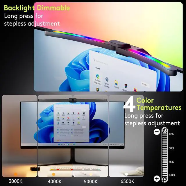 Alt view image 6 of 7 - Curved Monitor Light Bar 15 RGB Backlight for 34"+ Screens, Computer Bar Lights Fold Dual Light with Color Temperature Brightness Stepless Dimming, No Glare Desk Lamp for Home Office Gaming