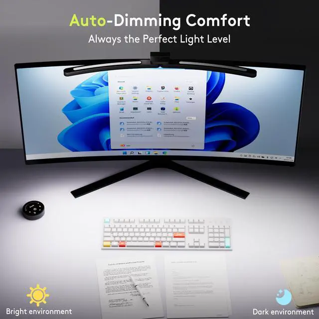 Alt view image 7 of 7 - Curved Monitor Light Bar 15 RGB Backlight for 34"+ Screens, Computer Bar Lights Fold Dual Light with Color Temperature Brightness Stepless Dimming, No Glare Desk Lamp for Home Office Gaming