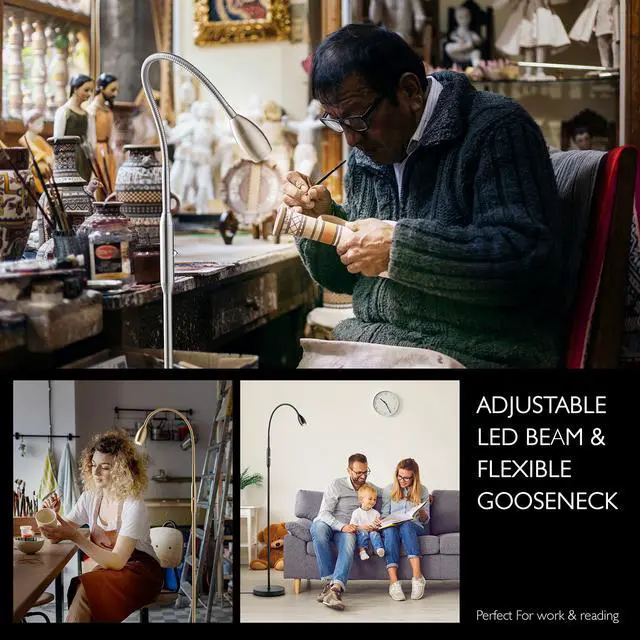 Alt view image 2 of 7 - Ray Adjustable LED Beam Floor Lamp, Dimmable and Zoomable Spotlight, Flexible Gooseneck, Reading/Crafting Standing Lamp, Work Table Light, Antique Brass