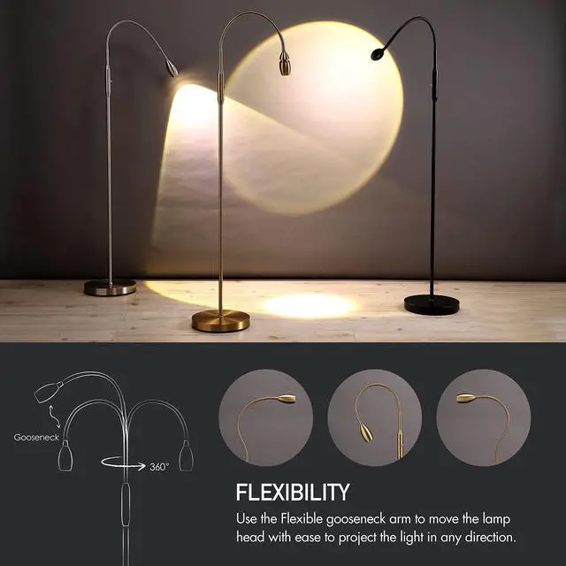 Alt view image 5 of 7 - Ray Adjustable LED Beam Floor Lamp, Dimmable and Zoomable Spotlight, Flexible Gooseneck, Reading/Crafting Standing Lamp, Work Table Light, Antique Brass