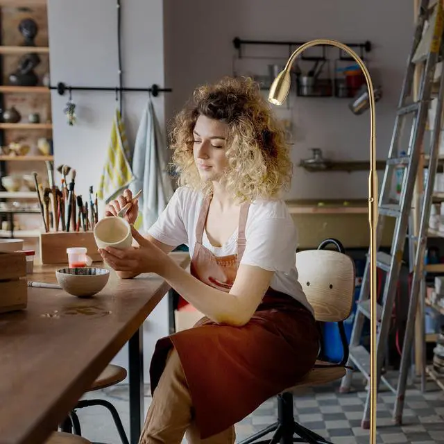 Alt view image 6 of 7 - Ray Adjustable LED Beam Floor Lamp, Dimmable and Zoomable Spotlight, Flexible Gooseneck, Reading/Crafting Standing Lamp, Work Table Light, Antique Brass