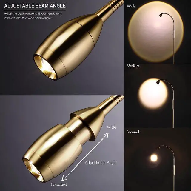 Alt view image 3 of 7 - Ray Adjustable LED Beam Floor Lamp, Dimmable and Zoomable Spotlight, Flexible Gooseneck, Reading/Crafting Standing Lamp, Work Table Light, Antique Brass