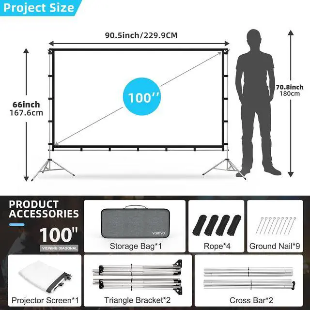 Alt view image 5 of 7 - Projector Screen with Stand,  100 inch Portable Foldable Projection Screen with Aluminum Alloy Stand Outdoor Movie Screens with Carrying Bag for Home Theater Camping and Recreational Events