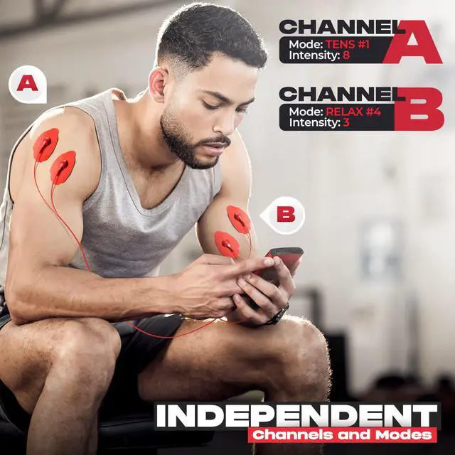 Alt view image 6 of 7 - TENS Unit Muscle Stimulator, EMS Massager Machine for Shoulder, Neck, Sciatica and Back Pain Relief, Electronic Pulse Massage Physical Therapy, Red