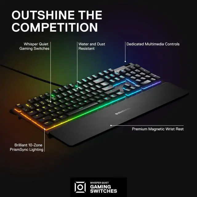 Alt view image 3 of 7 - Apex 3 RGB Gaming Keyboard 10-Zone RGB Illumination IP32 Water Resistant Premium Magnetic Wrist Rest (Whisper Quiet Gaming Switch)