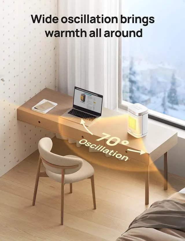 Alt view image 7 of 7 - Atom One Space Heater with Remote, 70°Oscillating Electric Heaters with Digital Thermostat, 1500W PTC Ceramic Heater, 12h Timer, Quiet Safety Heating, Portable Heater for Home Office