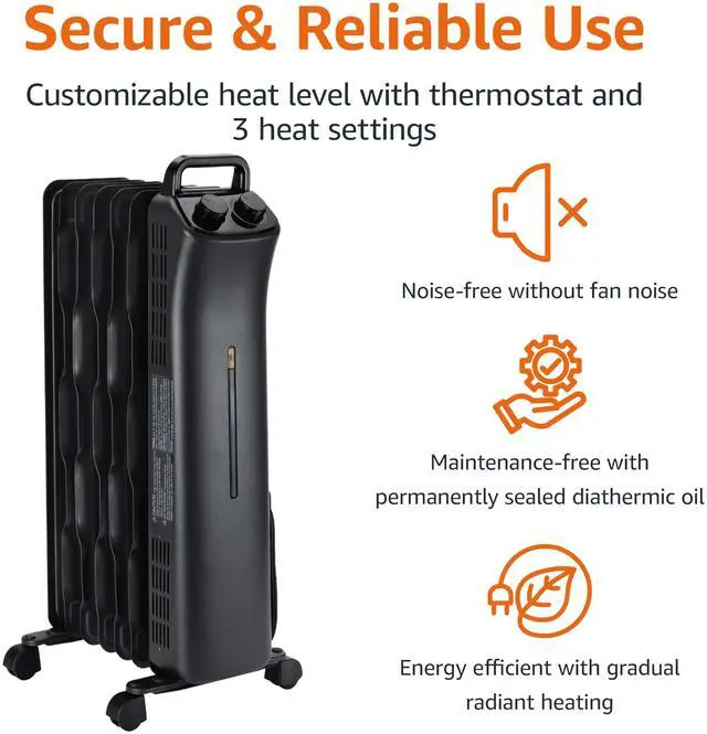 Alt view image 2 of 4 - Oil Space Heater, Portable Radiator Heater with 7 Oil-Filled Fins for Indoor Use, 3 Heat Settings, Thermostat, Tip-Over Protection, ETL Safety Certificate, Manual Control, 1500W, Black