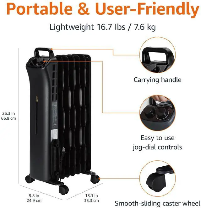 Alt view image 3 of 4 - Oil Space Heater, Portable Radiator Heater with 7 Oil-Filled Fins for Indoor Use, 3 Heat Settings, Thermostat, Tip-Over Protection, ETL Safety Certificate, Manual Control, 1500W, Black