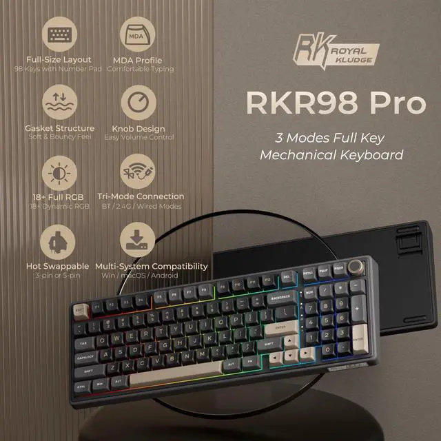 Alt view image 3 of 7 - R98 Pro Wireless Mechanical Keyboard, Creamy Bluetooth/2.4GHz/Wired RGB Gaming Keyboard with Number Pad and Knob, MDA Profile PBT Keycaps, Gasket Hot Swappable Linear Switch, Black
