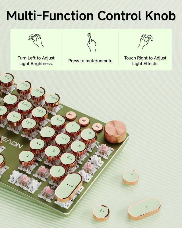 Alt view image 5 of 7 - Typewriter Style Mechanical Keyboard, Wired Typewriter Keyboards,104 Keys Backlit LED Metal Keyboards, Media Control Knob, Wired Computer Keyboard Pink Switch for Windows/Mac/PC-Green