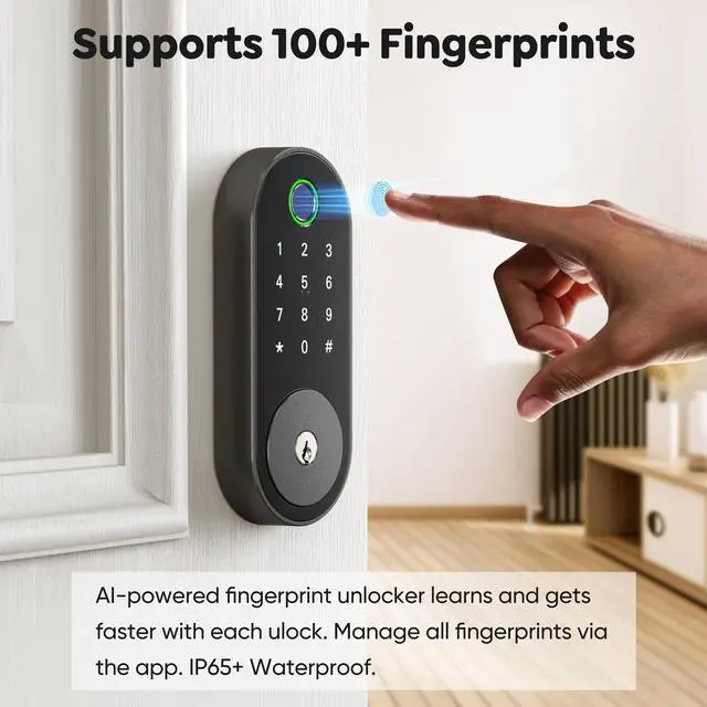 Alt view image 2 of 7 - Keyless Entry Fingerprint Deadbolt Smart Lock:  Digital Front Door Keypad with App Control, Electronic/Electric Deadbolt with Fingerprint & Code Access, Auto Locking, Easy to Install (Black)
