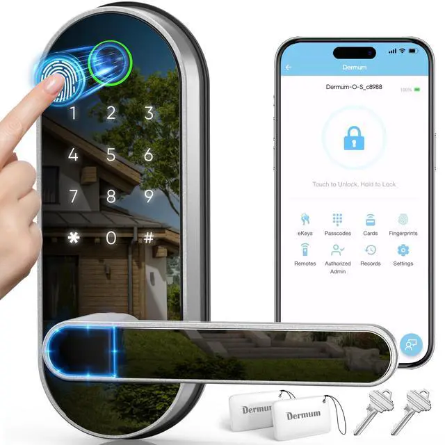Main image of Keyless Entry Fingerprint Digital Smart Lock with Handle & Keypad: Electronic/Electric Lock with Code, App Control Biometric Deadbolt Door Knob for Front, Interior, Exterior & Bedroom Door (Silver)