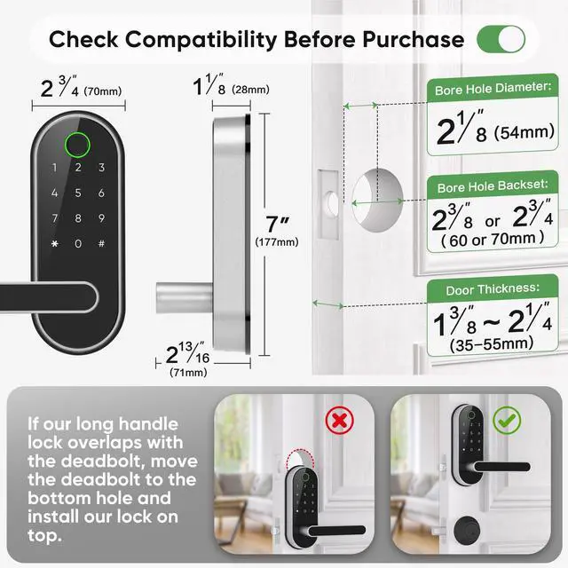 Alt view image 7 of 7 - Keyless Entry Fingerprint Digital Smart Lock with Handle & Keypad: Electronic/Electric Lock with Code, App Control Biometric Deadbolt Door Knob for Front, Interior, Exterior & Bedroom Door (Silver)
