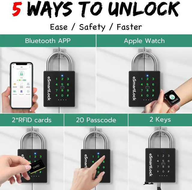 Alt view image 2 of 7 - New Smart Padlock with Key, Heavy Duty Combination Padlock, RFID Pad Lock with Codes Bluetooth APP Access, Outdoor Waterproof Electronic Key Lock for Gate Fence Shed Locker Garage Garden