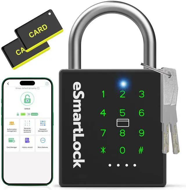 Main image of New Smart Padlock with Key, Heavy Duty Combination Padlock, RFID Pad Lock with Codes Bluetooth APP Access, Outdoor Waterproof Electronic Key Lock for Gate Fence Shed Locker Garage Garden