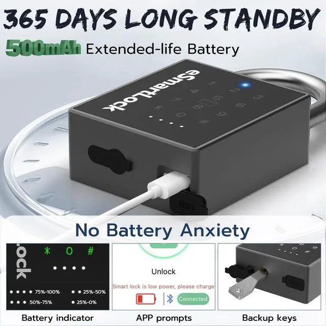 Alt view image 3 of 7 - New Smart Padlock with Key, Heavy Duty Combination Padlock, RFID Pad Lock with Codes Bluetooth APP Access, Outdoor Waterproof Electronic Key Lock for Gate Fence Shed Locker Garage Garden