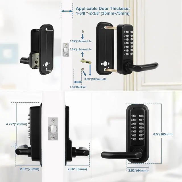 Alt view image 3 of 7 - Outdoor Keyless Lock with Adjustable Deadlatch 2-3/8'' and 2-3/4'',Mechanical Combination Door Lock with Keypad, Sunscreen Waterproof Keyless Gate Locks for Outdoor Fence with Handle (Black)