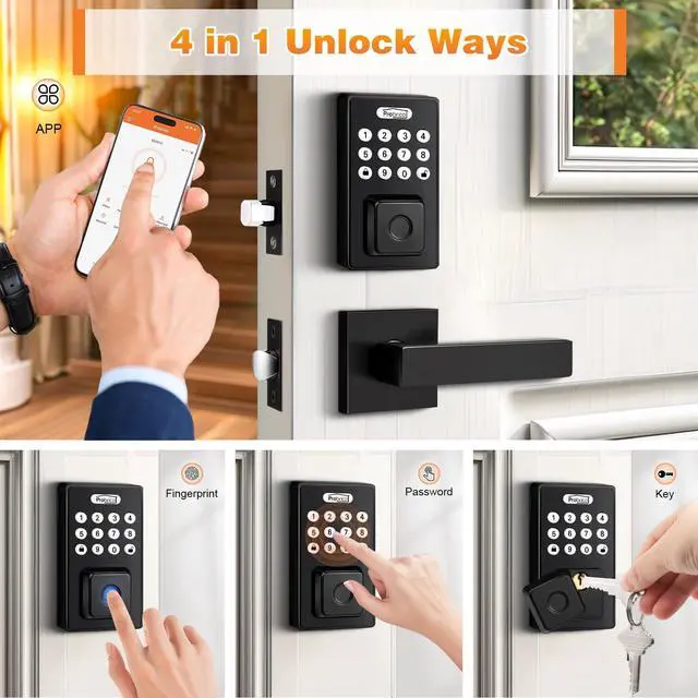 Alt view image 2 of 6 - Keyless Entry Door Lock with Handle, Smart Locks for Front Door, Black Keypad Door Lock with Handle Fingerprint Lock, Electronic Keypad Deadbolt Lever, App Control, Auto Lock