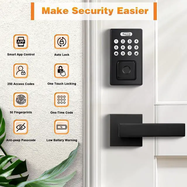 Alt view image 3 of 6 - Keyless Entry Door Lock with Handle, Smart Locks for Front Door, Black Keypad Door Lock with Handle Fingerprint Lock, Electronic Keypad Deadbolt Lever, App Control, Auto Lock