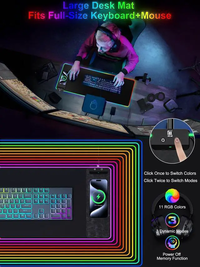 Alt view image 2 of 7 - Mouse Pad with Wireless Charging, Large Desk Mat RGB Gaming Mousepad, 10 Light Colors LED Gaming Pad Keyboard Pad with Ultra-Smooth Surface & Non-Slip Rubber Base, Waterproof Full Desk Mouse Pad