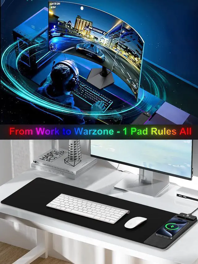 Alt view image 6 of 7 - Mouse Pad with Wireless Charging, Large Desk Mat RGB Gaming Mousepad, 10 Light Colors LED Gaming Pad Keyboard Pad with Ultra-Smooth Surface & Non-Slip Rubber Base, Waterproof Full Desk Mouse Pad
