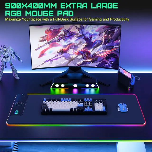 Alt view image 2 of 7 - Wireless Charging RGB Gaming Mouse Pad 15W, LED Mouse Mat 900x400x4MM, 10 Light Modes Extra Large Mousepad Non-Slip Rubber Base Computer Keyboard Mat for Gaming, MacBook, PC, Laptop, Desk